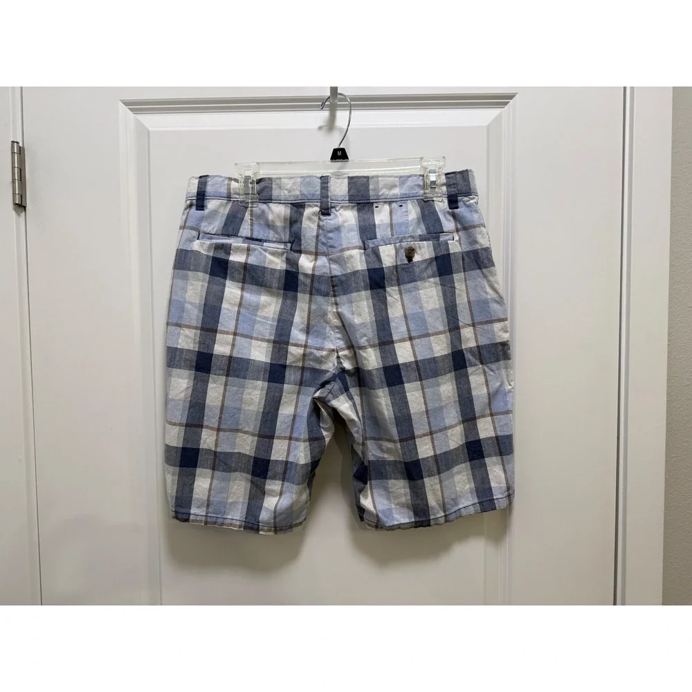 Banana Republic Aiden Shorts Men 34 Blue White‎ Plaid Flat Front Slim 9 Inseam